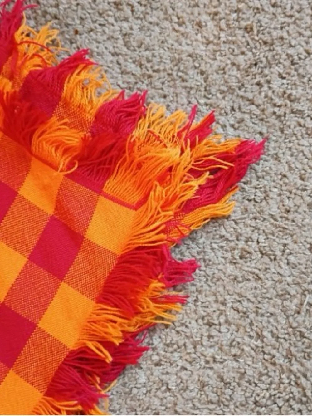 Vintage Red & Orange Checkered Fringed Fabric Tablecloth 92”x55”